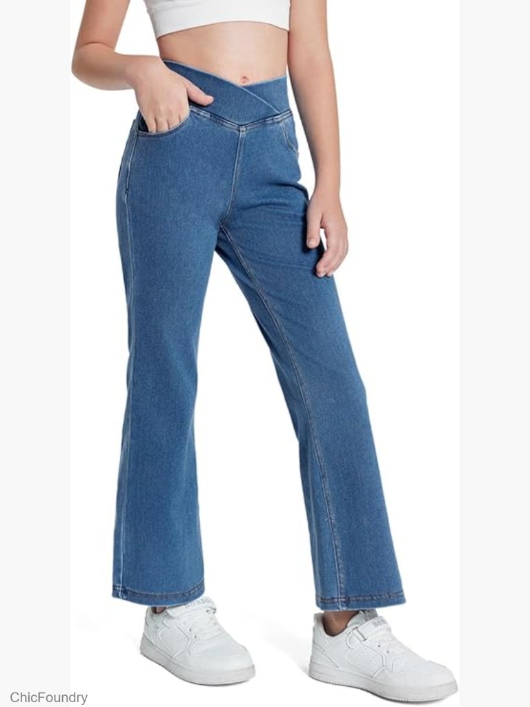 Girls Crossover Flare Jeans Stretchy Bootcut Bell Bottoms With Pockets